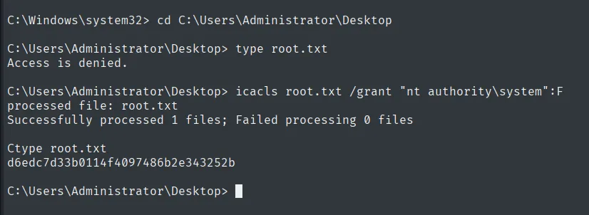 icacls concede control a SYSTEM y se lee la root flag