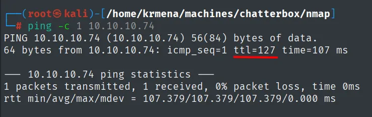 ping a 10.10.10.74 con ttl=127