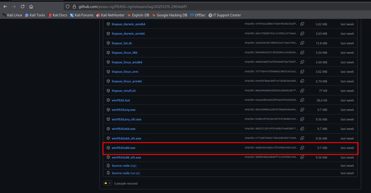 Página de releases de PEASS-ng con winPEASx86.exe