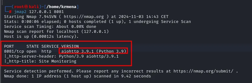nmap identifica el servicio interno como aiohttp 3.9.1 (Python 3.9)