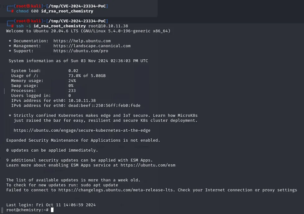 ssh con la clave de root abre una shell como root en Ubuntu 20.04.6 LTS