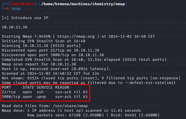 nmap descubre los puertos 22 y 5000 abiertos en 10.10.11.38 con syn-ack ttl 63