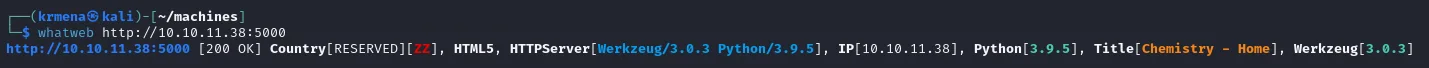 whatweb sobre el puerto 5000: Werkzeug 3.0.3, Python 3.9.5 y el título Chemistry - Home