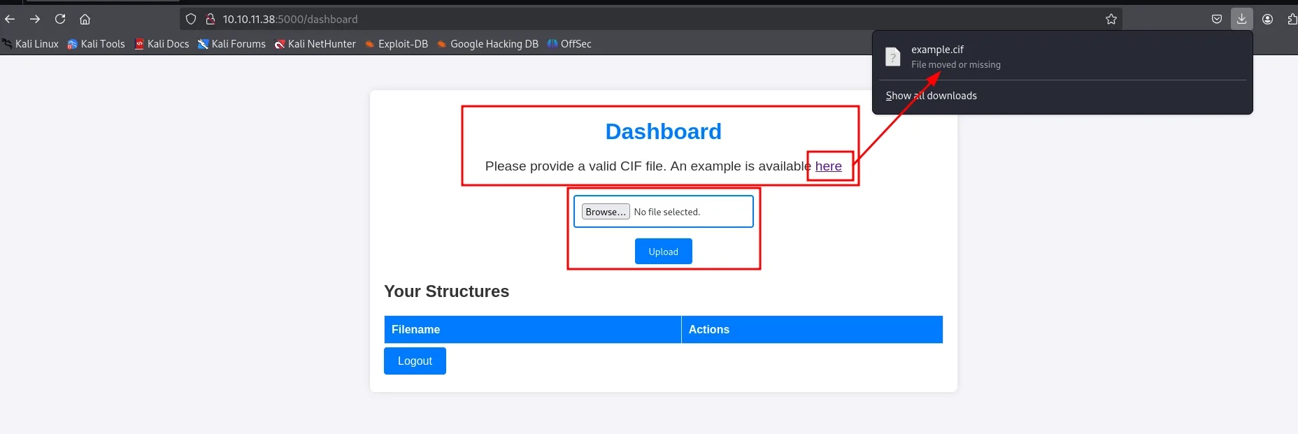 el dashboard de Chemistry con el formulario de subida y el enlace here que descarga example.cif