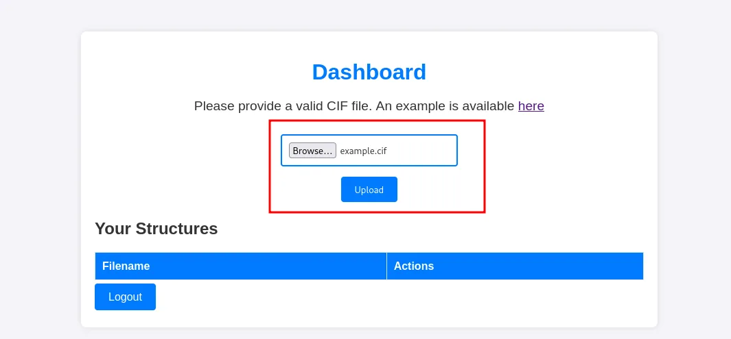 el example.cif descargado, seleccionado en el formulario de subida antes de pulsar Upload