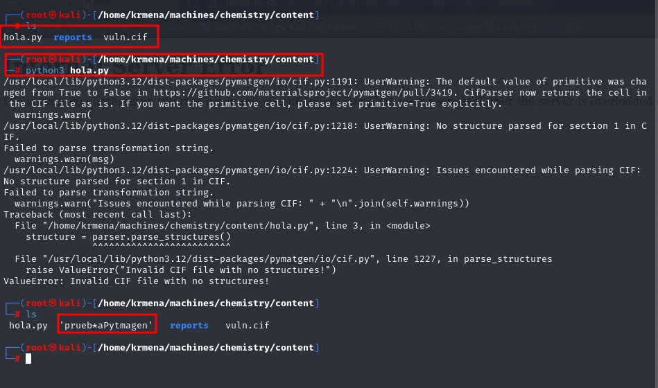 el ls antes y después de python3 hola.py: aparece el fichero prueb*aPytmagen creado por el payload