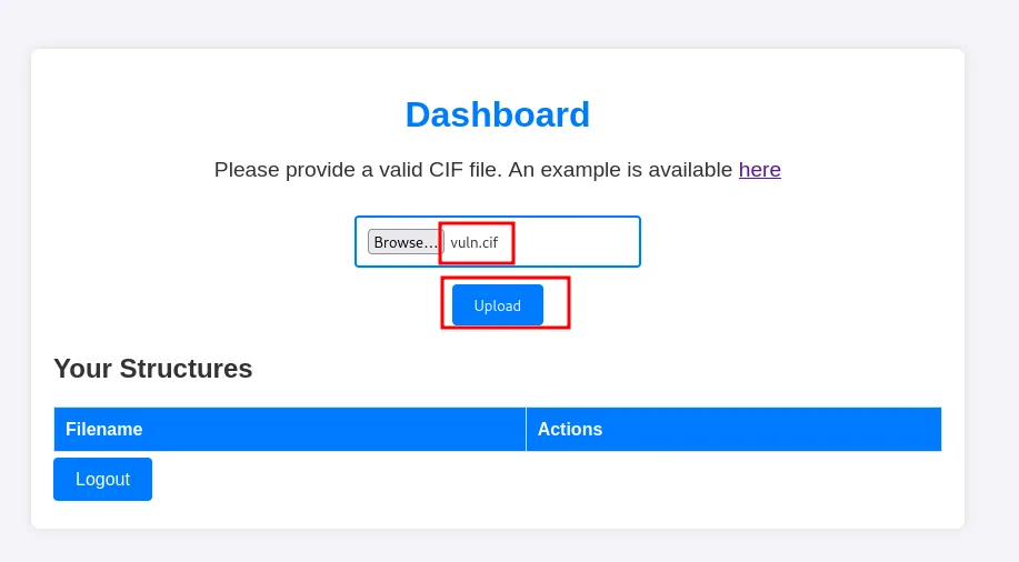 el formulario de subida con vuln.cif seleccionado y el botón Upload resaltado