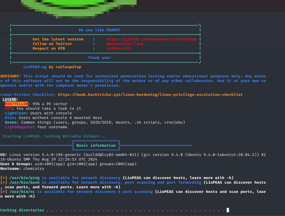 linpeas arranca y su bloque Basic information ya sitúa el contexto: kernel 5.4.0-196, usuario app con uid 1001 y hostname chemistry