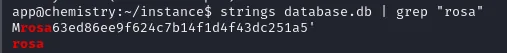 strings sobre database.db revela el hash MD5 del usuario rosa