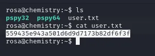 ls muestra pspy32, pspy64 y user.txt, y el cat devuelve la flag de usuario