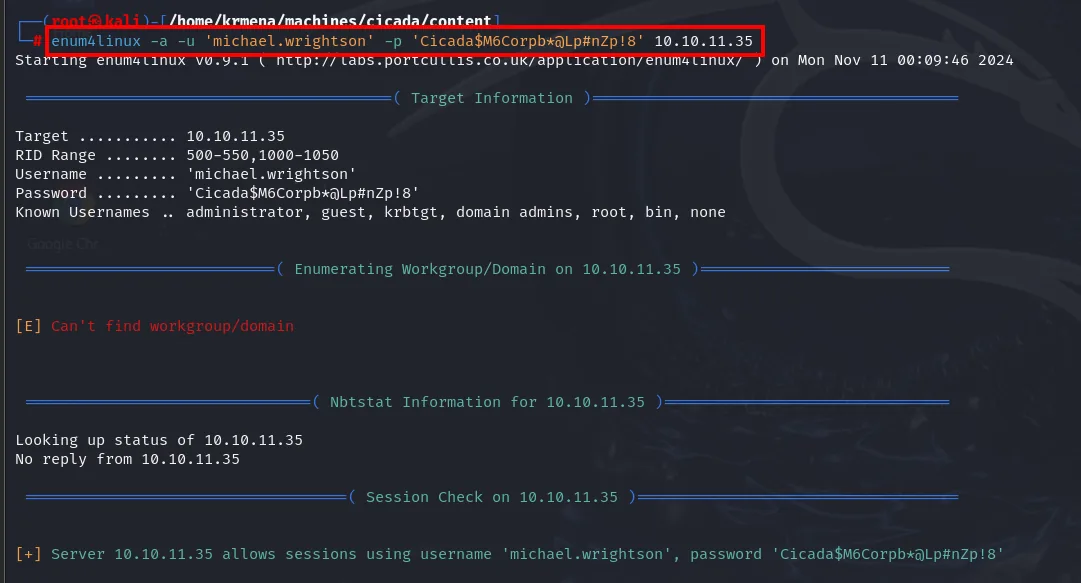 enum4linux arranca: falla el workgroup y el nbtstat, pero el Session Check confirma que las credenciales valen