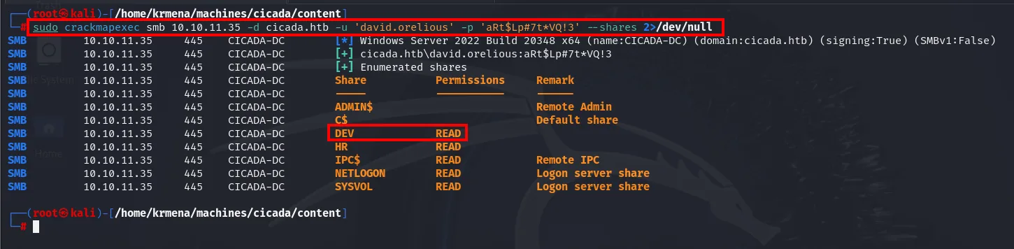crackmapexec como david.orelious ahora enumera el share DEV con permiso READ, antes inaccesible
