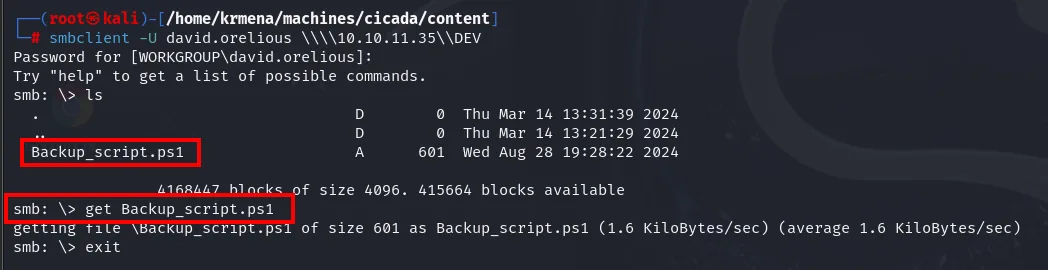 smbclient como david.orelious lista DEV y descarga Backup_script.ps1, de 601 bytes