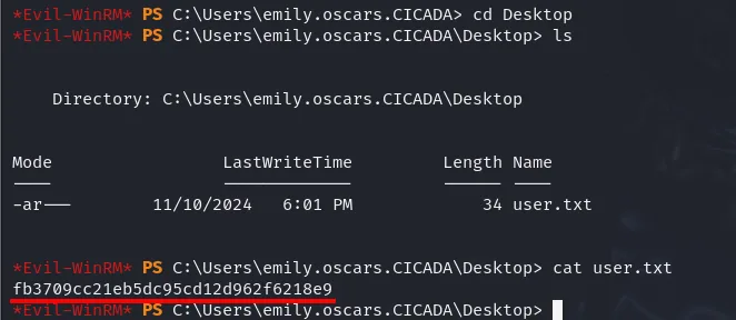 sesión de evil-winrm como emily.oscars; en el escritorio leemos user.txt