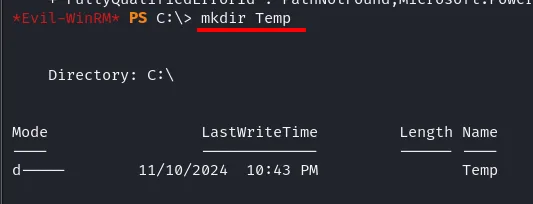 mkdir Temp crea el directorio en la raíz de C: y PowerShell devuelve su ficha con el modo d y la fecha