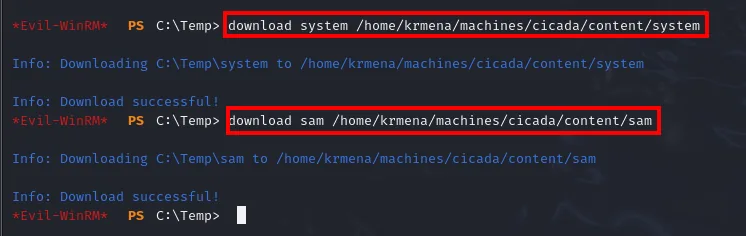 download de system y sam desde evil-winrm; ambas descargas completan correctamente