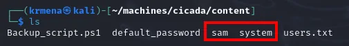 el ls del directorio content muestra Backup_script.ps1, default_password, sam, system y users.txt