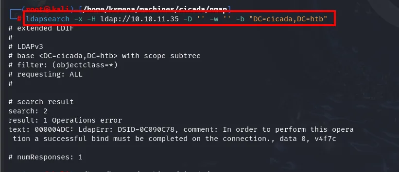 ldapsearch anónimo devuelve Operations error: se requiere un bind previo