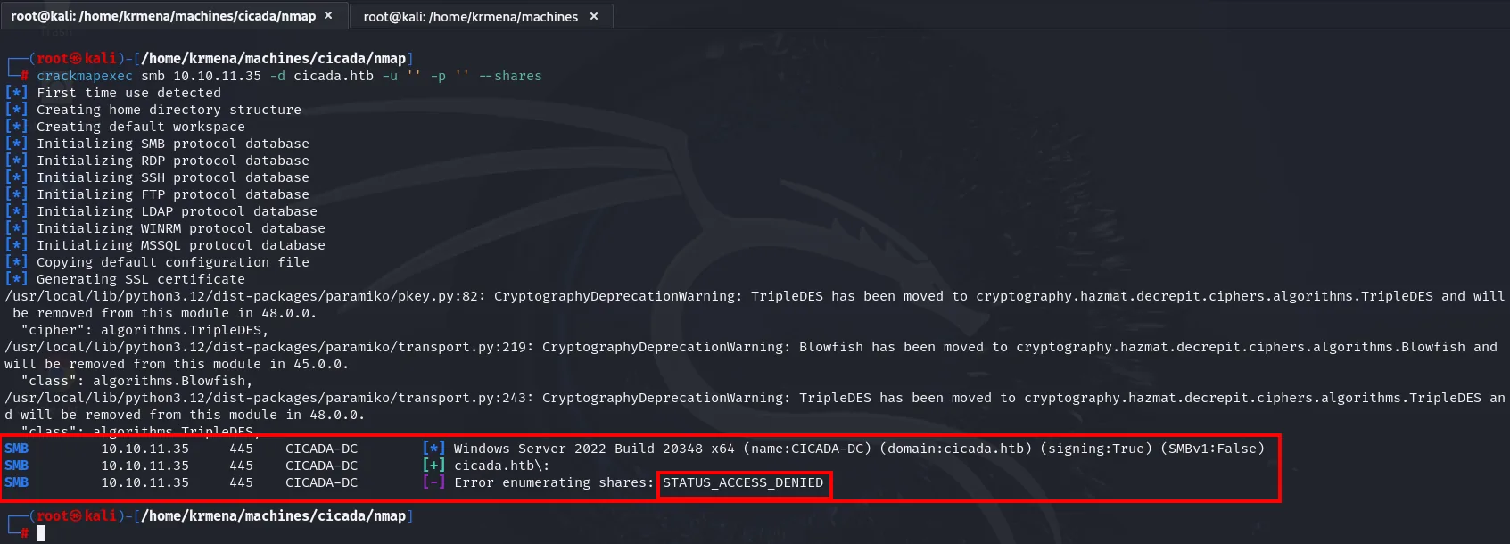 la sesión nula autentica con el marcador verde de cicada.htb pero falla al enumerar shares con STATUS_ACCESS_DENIED