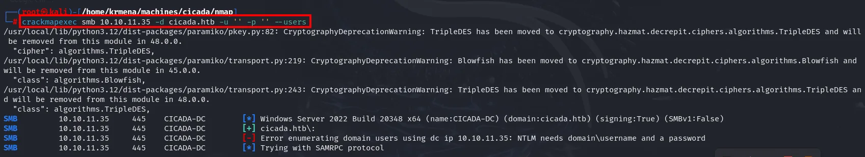 el intento de --users con sesión nula falla: NTLM needs domain\username and a password