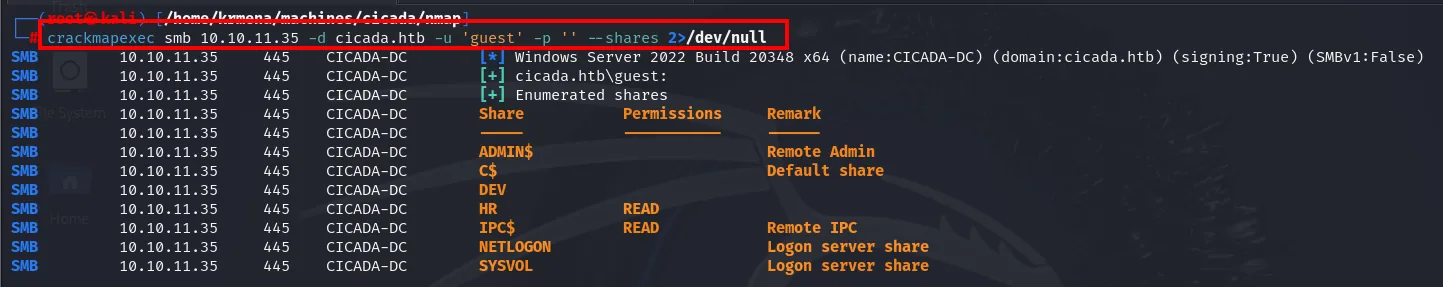 con guest se enumeran los shares: HR e IPC$ con permiso READ, además de DEV, NETLOGON y SYSVOL