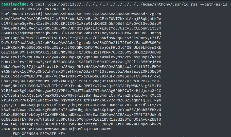Lectura de /home/anthony/.ssh/id_rsa via el path traversal, mostrando la clave privada RSA completa