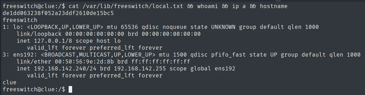 local.txt leido como freeswitch en clue, con la IP 192.168.142.240 y hostname clue