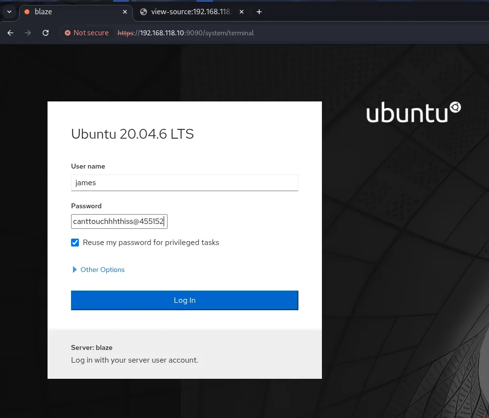 Login de Cockpit (Ubuntu 20.04.6 LTS) como james con la casilla Reuse my password for privileged tasks marcada