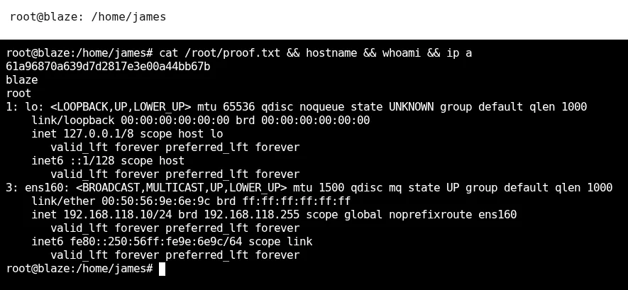 proof.txt leido como root en blaze, con hostname blaze y whoami root