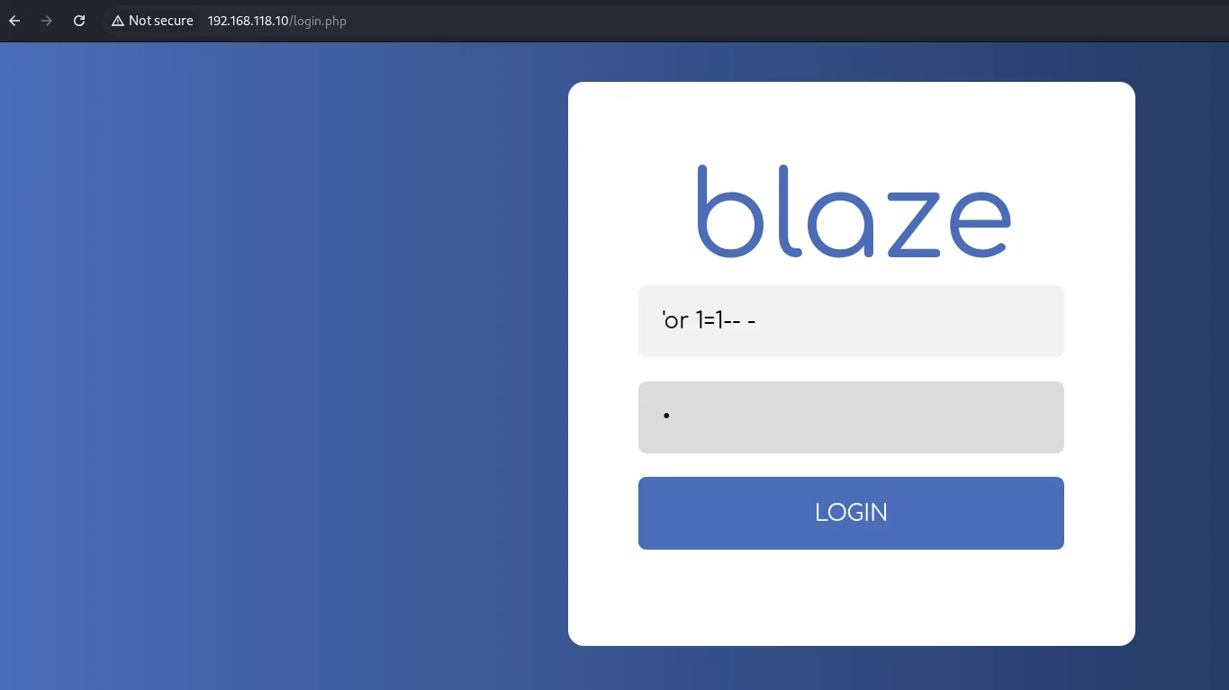 Login de blaze en login.php con el payload 'or 1=1-- - en el campo de usuario