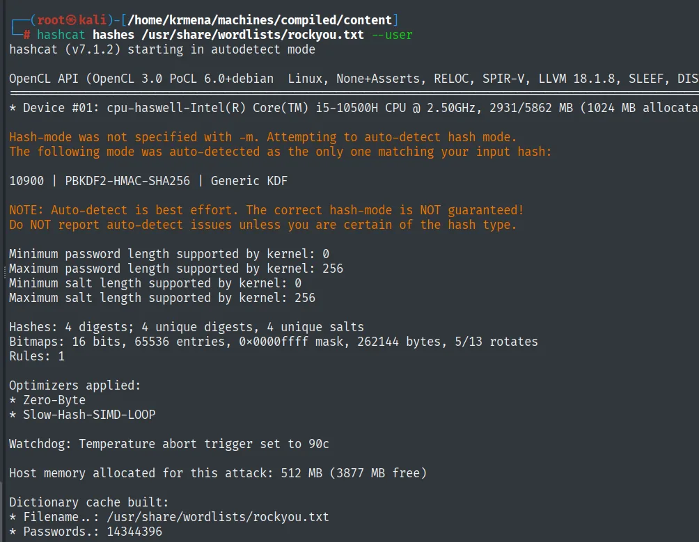 hashcat 7.1.2 arranca en modo autodetect, deduce el modo 10900 PBKDF2-HMAC-SHA256 y carga los 4 digests con rockyou.txt