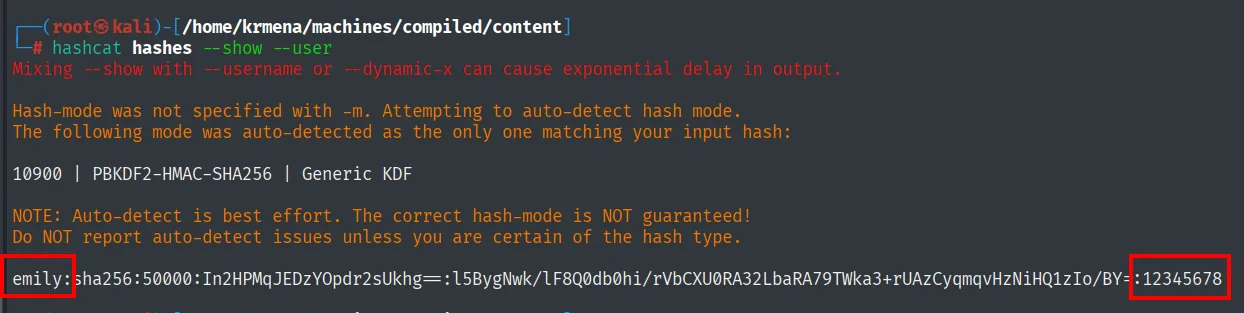 hashcat revela emily:12345678