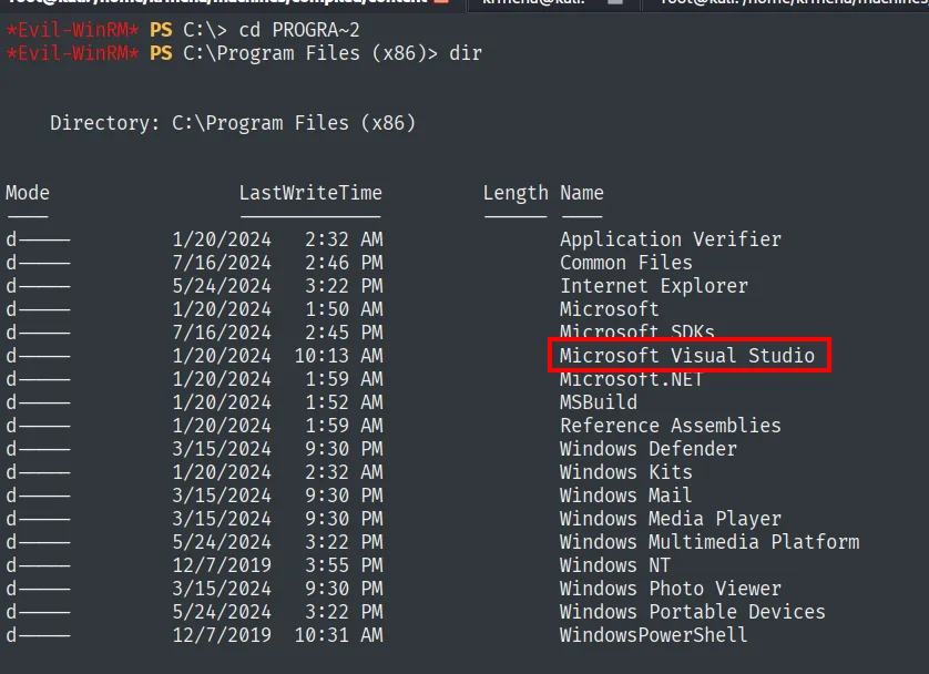 el listado de C:\Program Files (x86) incluye Microsoft Visual Studio, resaltado, junto a Microsoft SDKs y MSBuild