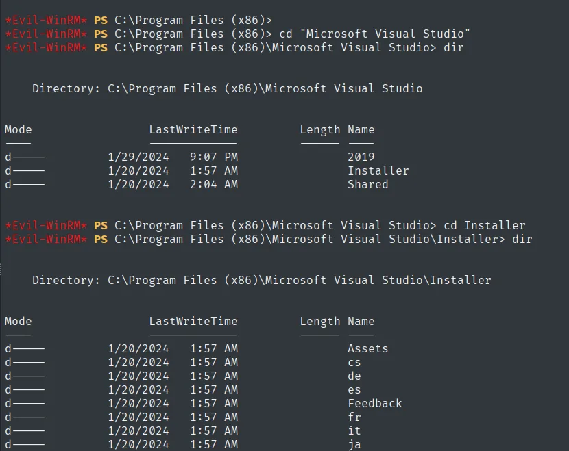 dentro de Microsoft Visual Studio hay 2019, Installer y Shared; el Installer contiene Assets, Feedback y los directorios de idioma