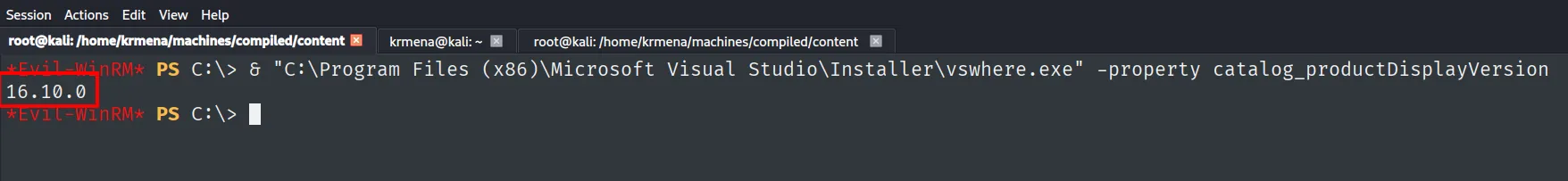 vswhere.exe devuelve la versión 16.10.0