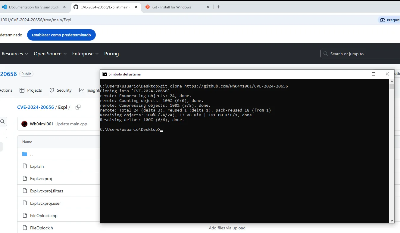 el git clone del repositorio descarga los 24 objetos, y el explorador de GitHub muestra los ficheros Expl.sln, Expl.vcxproj, FileOplock.cpp y main.cpp